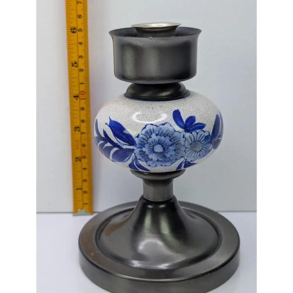 Blue White Floral Crackle Glaze Ceramic Pewter Tone Taper Candle Holder